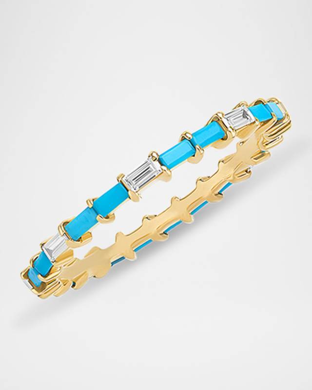 14K Turquoise and Diamond Baguette Stackable Ring, Size